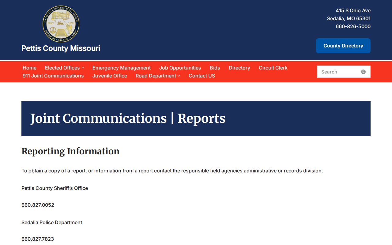 Pettis County Joint Communications official report request directions