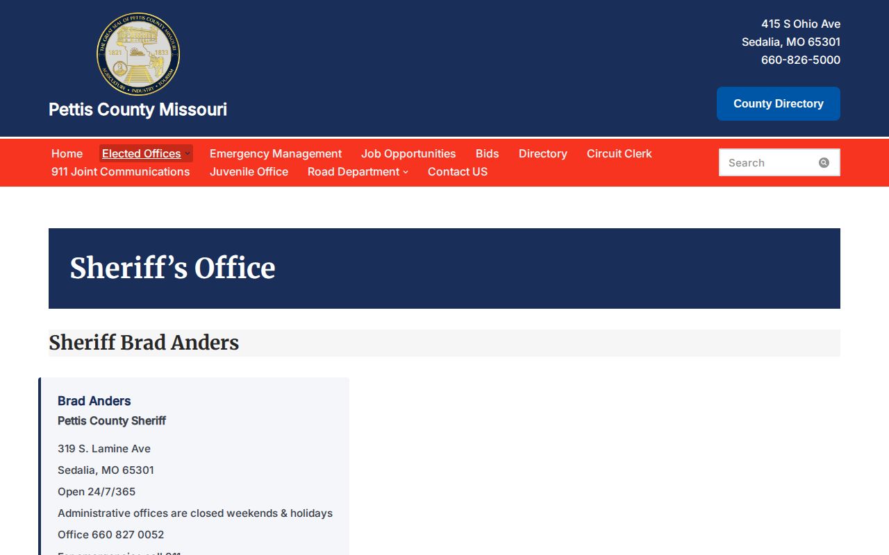 Pettis County Sheriff Office official website contact information