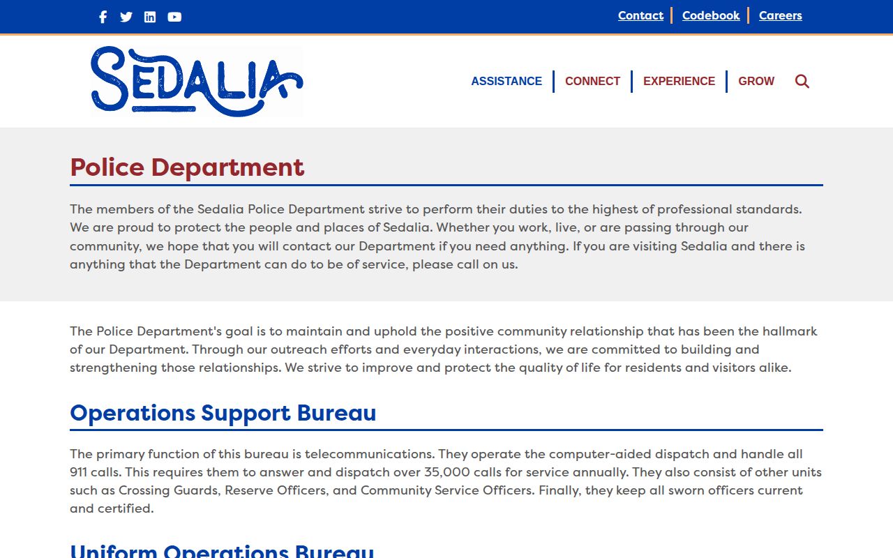 Official Sedalia Police Department webpage with department contact information
