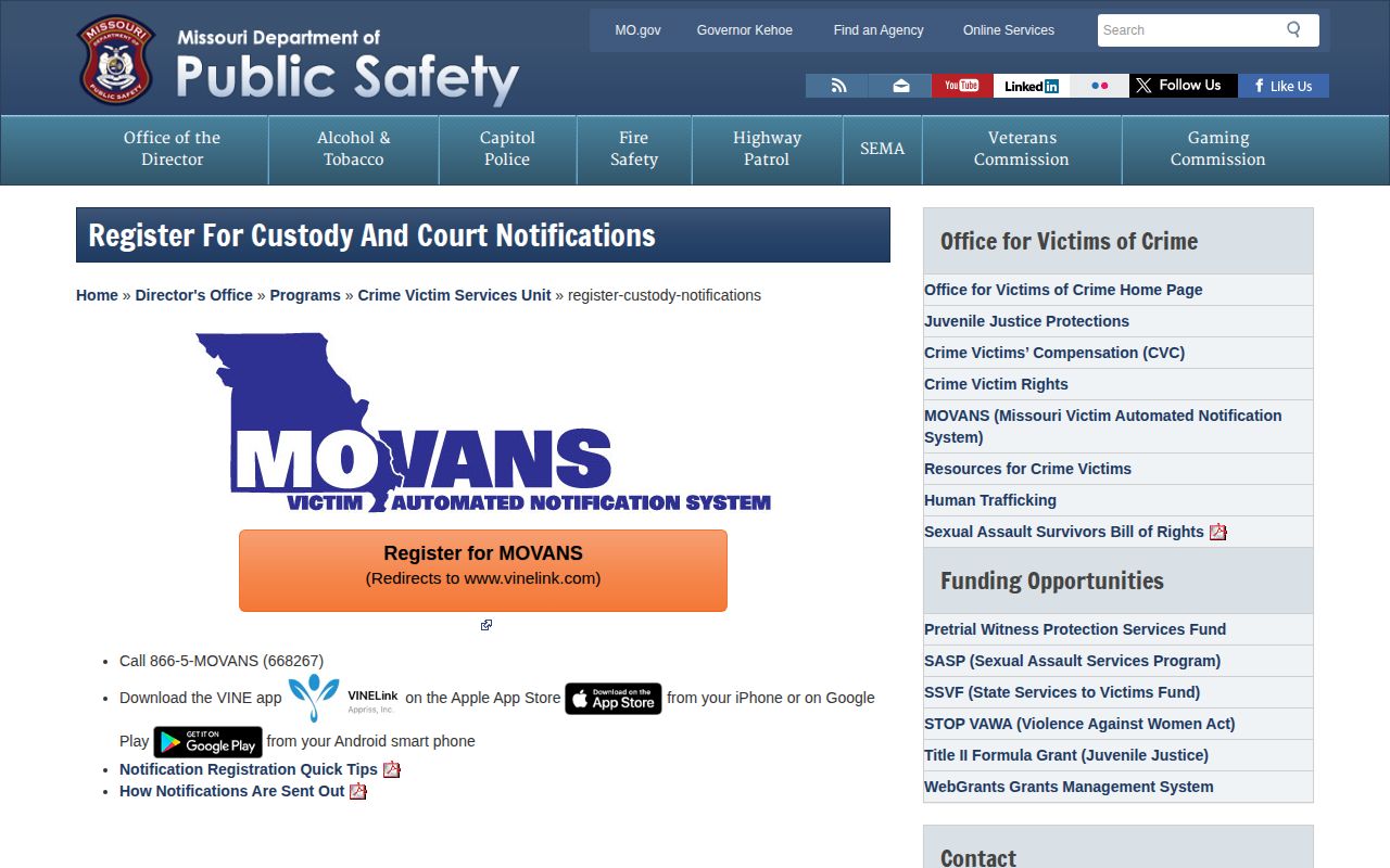 Missouri DPS MOVANS custody notification registration information
