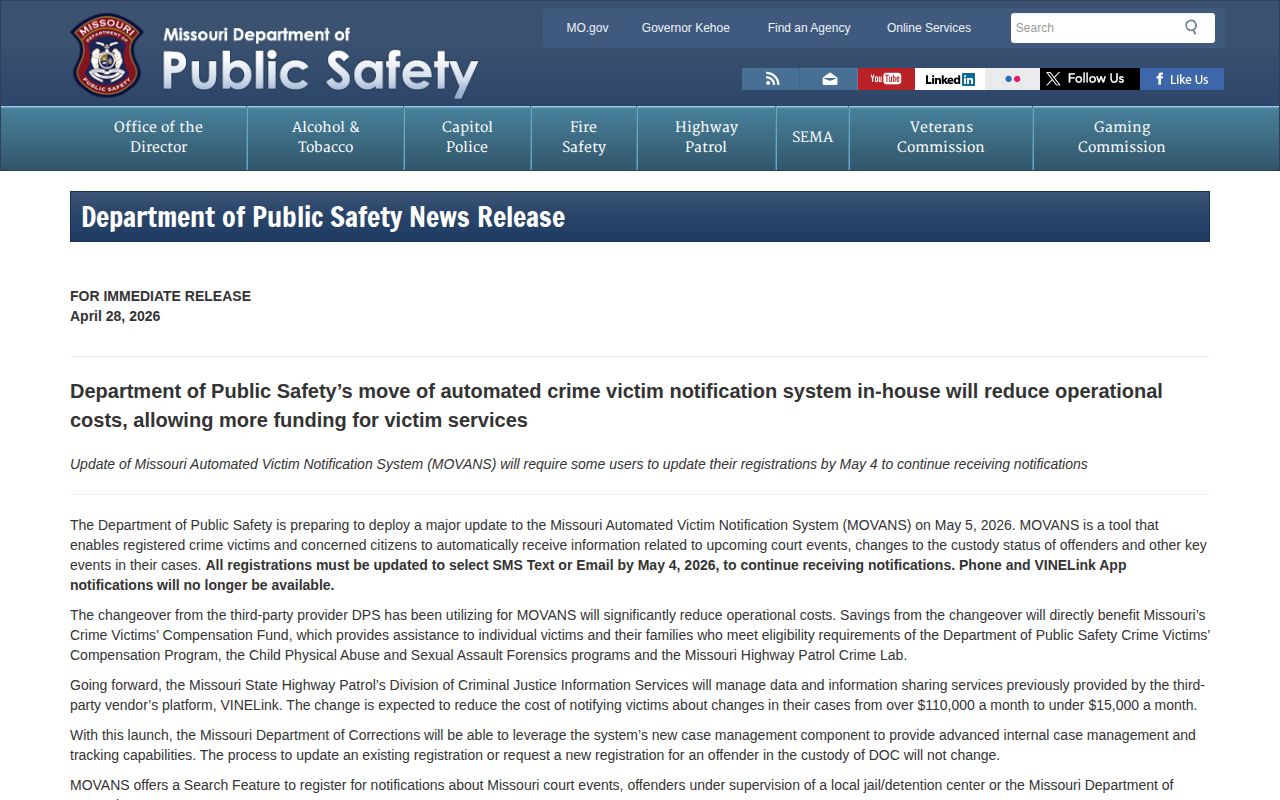 Missouri Department of Public Safety notice describing the 2026 MOVANS notification update