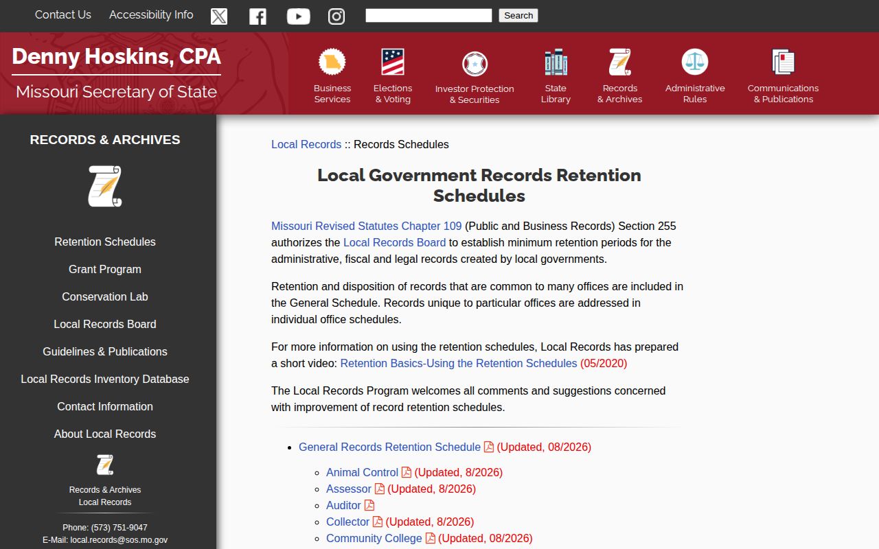 Missouri State Archives local records schedule page